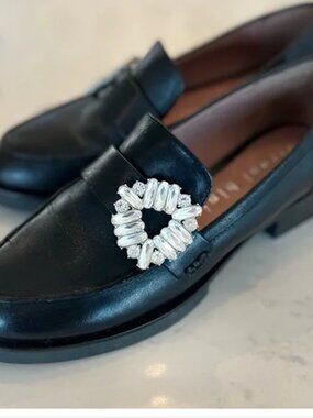 Gianni Bini Rowan Black Leather Rhinestone Brooch Loafers Shoes Women US 8.5M